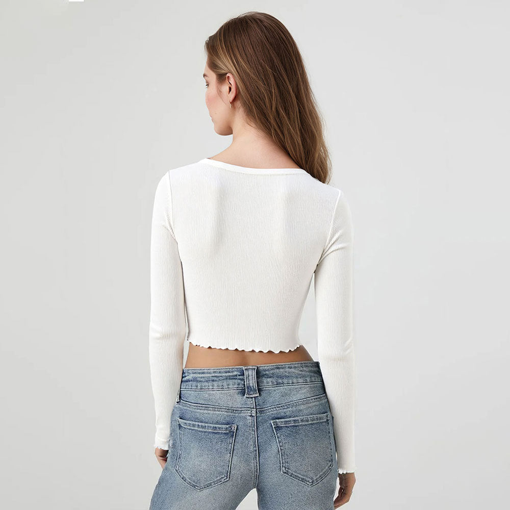 Cropped Long Sleeve Bottoming Shirt Slim T shirt Square Collar Sexy Women Clothing Top