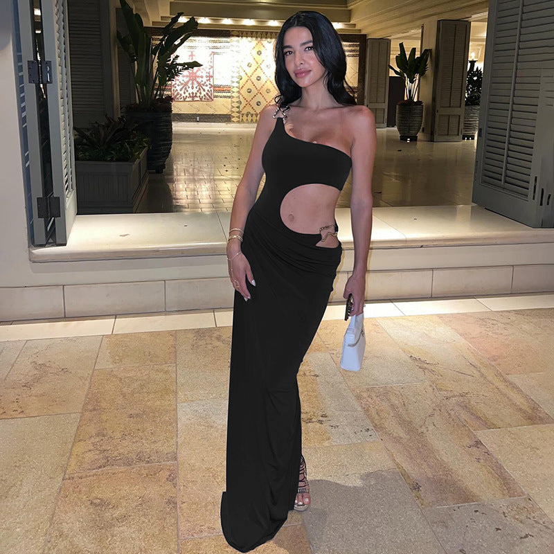 Autumn Winter Sexy Hollow Out Cutout Slim Fit Maxi Dress Solid Color Split Tube Top Package Hip Dress