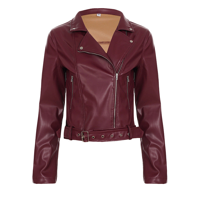Retro Elegant Leather Zipper Coat Women Short Slimming Street Solid Color Jacket