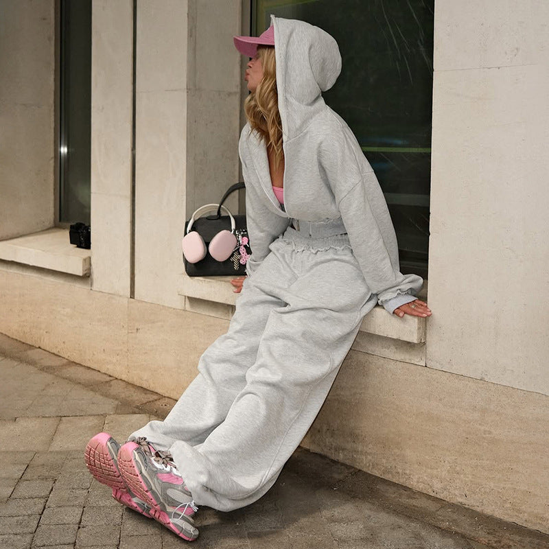 Autumn Cropped Short Type Hooded Jacket High Waist Wide Leg Casual Trousers Suit Women