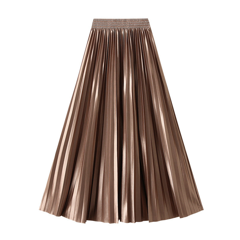 Slimming Spring Glossy Glossy High Waist Pleated A line Slimming Long Skirt Women Skirt