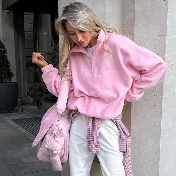 Autumn Winter Lambswool Loose Lapels Pullover Sweatshirt Polar Fleece Women Clothing