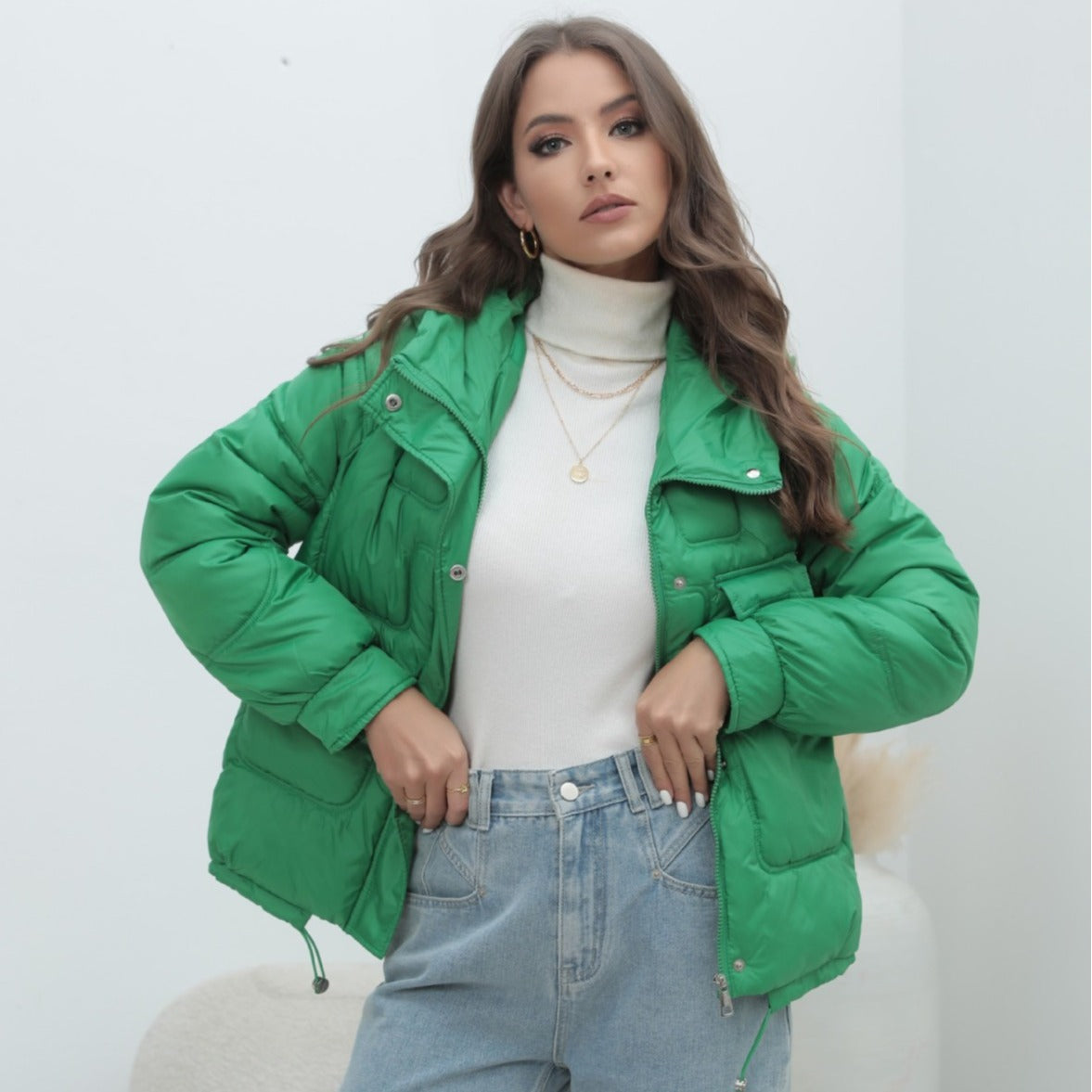 down Cotton Padded Coat Women Winter Thickened Padded Jacket Popular Bright Color Stand Collar Cotton Padded Coat