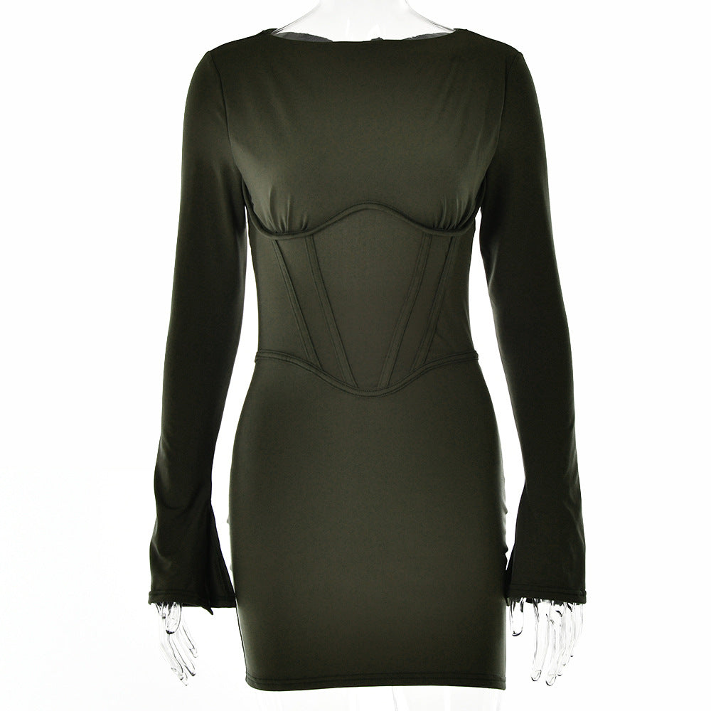Sexy Backless Dress Women Autumn Crew Neck Long Sleeved Waist Hip Dress