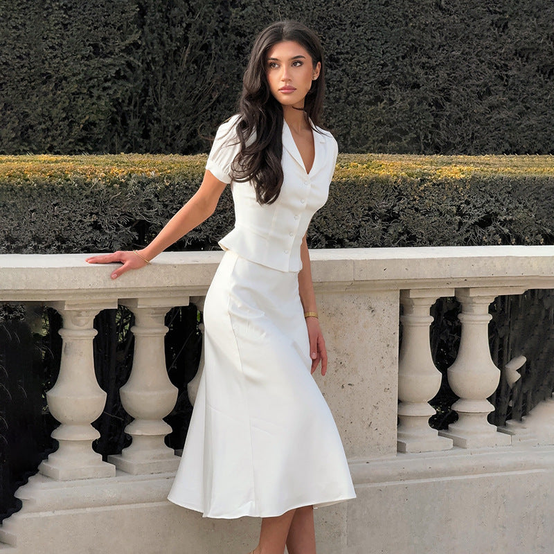 Office Two Piece Set Solid Color Puff Sleeve V neck Waist Controlled Top Fishtail Skirt French Women