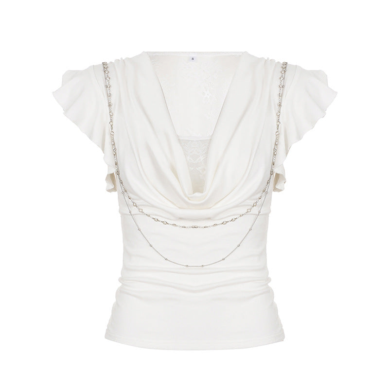 Lace Stitching Faux Two Pieces Swing Collar Chain Decoration Flying Sleeve Top Elegant Fitted Waist Pleated Slim T shirt