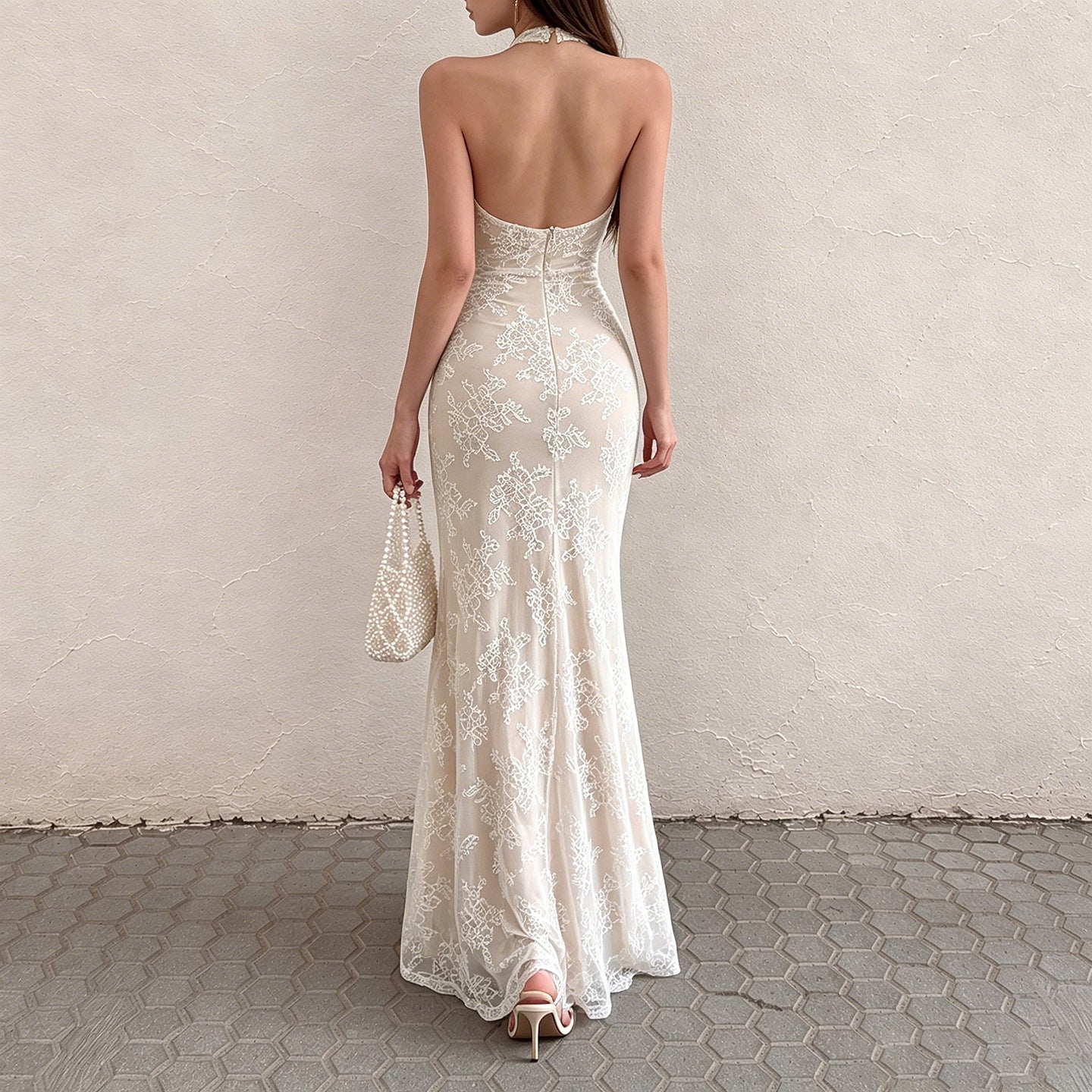 French Elegant Lace Stitching Ruffle Fitted Waist Backless Halter Dress Sexy Slim Vest Maxi Dress for Women