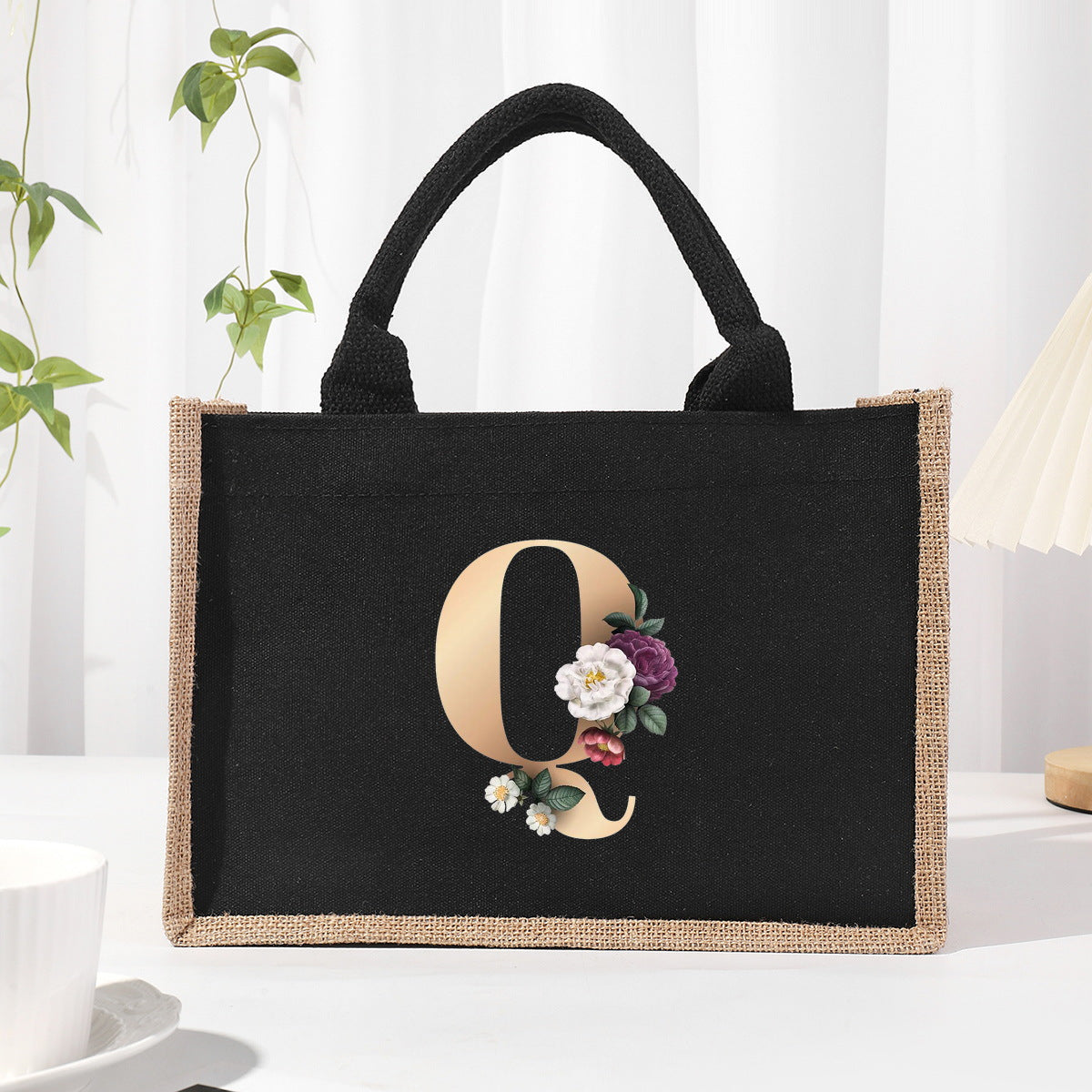 Cotton and linen canvas tote bag, printed letter tote bag, portable light handbag, gift shopping bag
