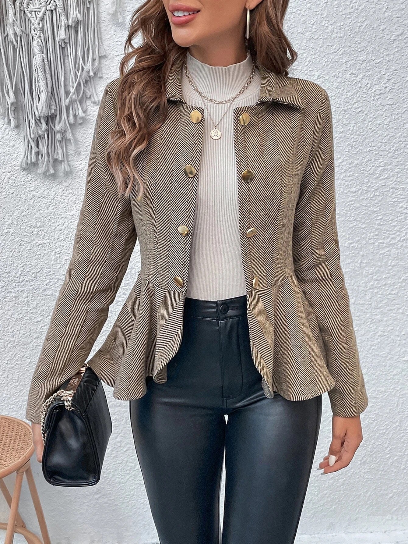 Women Clothing Collared Jacquard Ruffled Slim Double Breasted Office Blazer Women