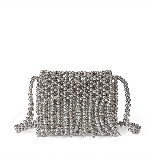 Retro Metallic Shiny Hand Woven Beads Small Square Bag Mobile Phone Bag Long Shoulder Strap Tassel Messenger Bag