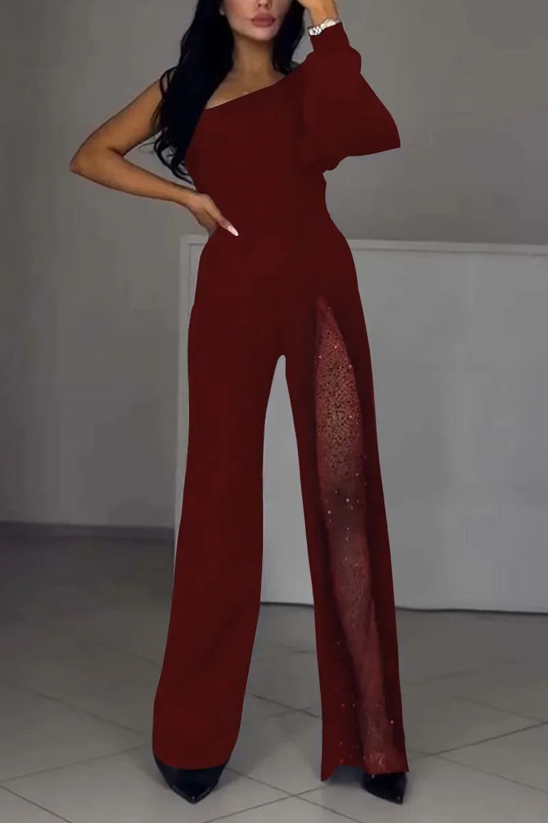 New Fall Winter Sexy Oblique Shoulder High Slit Women Jumpsuit