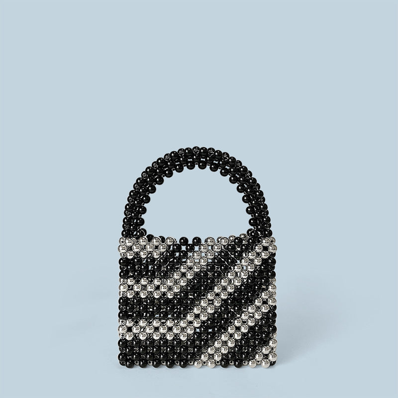 Retro Color Matching High Grade Socialite Dinner Bag Pearl Vegetable Basket Bucket Bag Handmade Beaded Woven Bag