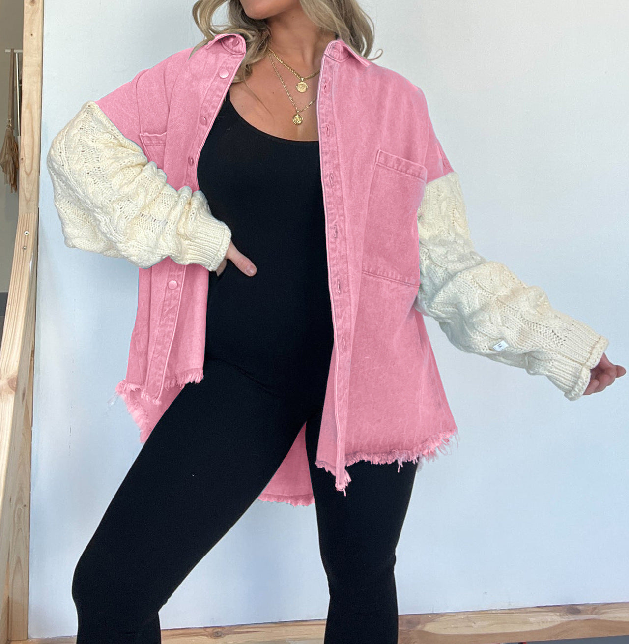 Loose Stitching Sweater Sleeve Denim Woolen Women Coat