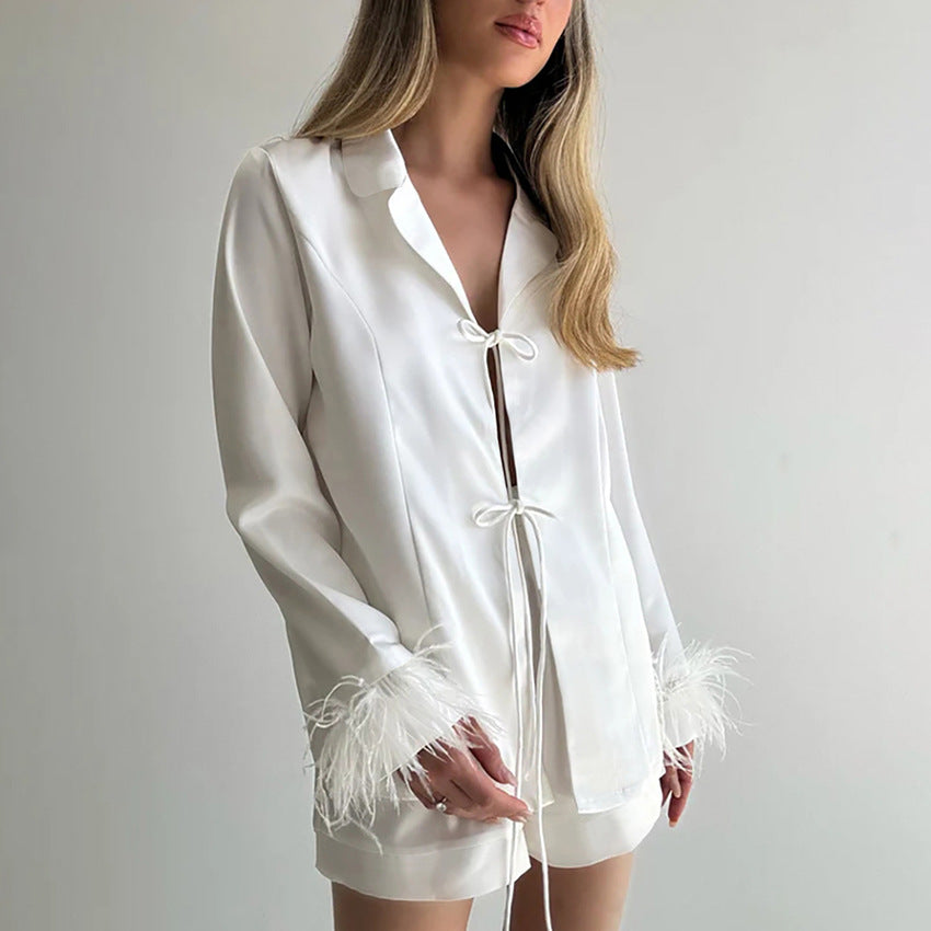 Autumn White Cardigan Lace up Long Sleeve Shorts Pajamas Women Minimalist Can Be Outerwear Homewear