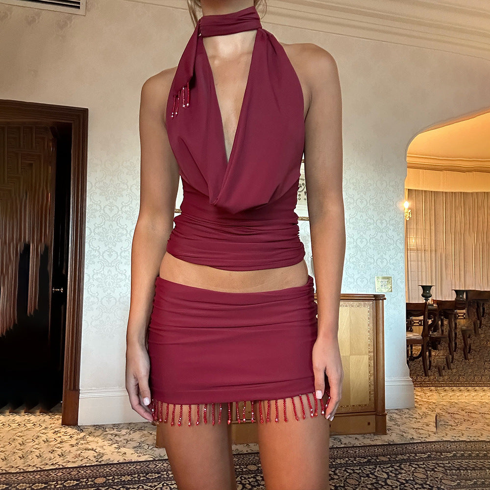Summer Arrival Ladies Two Piece Sets Sexy Waist Hollow Out Cutout out Tied Top Hip Skirt Outfit