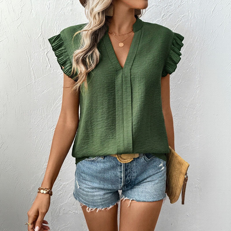 Summer Casual Top Pullover Flying Sleeves Solid Color V neck Shirt Women