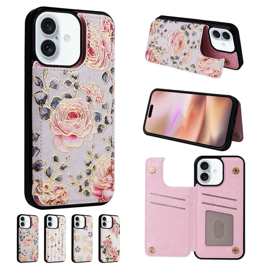 Applicable to Apple 16 painted double buckle four-insert card wallet case 16pro max all-inclusive anti-drop case protective cover