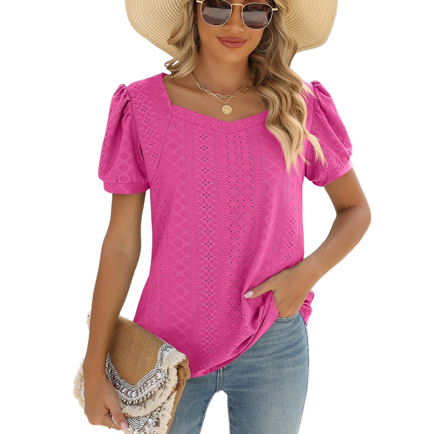 Spring Summer Solid Color Square Collar Puff Short Sleeve T Shirt Loose Top Women