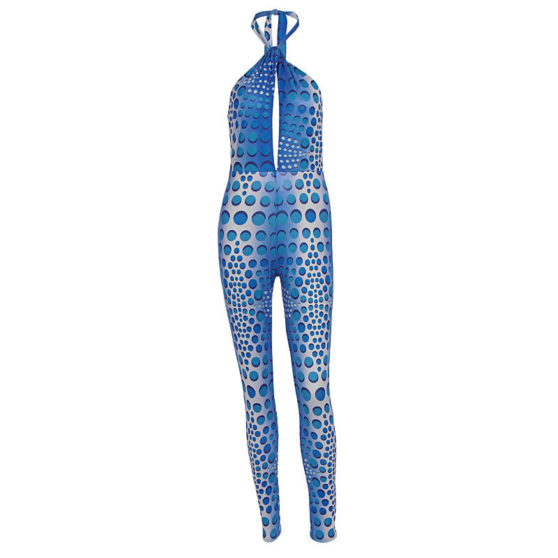 Women Clothing Summer Sexy Girls Skinny Print Halter Backless Yoga Jumpsuit