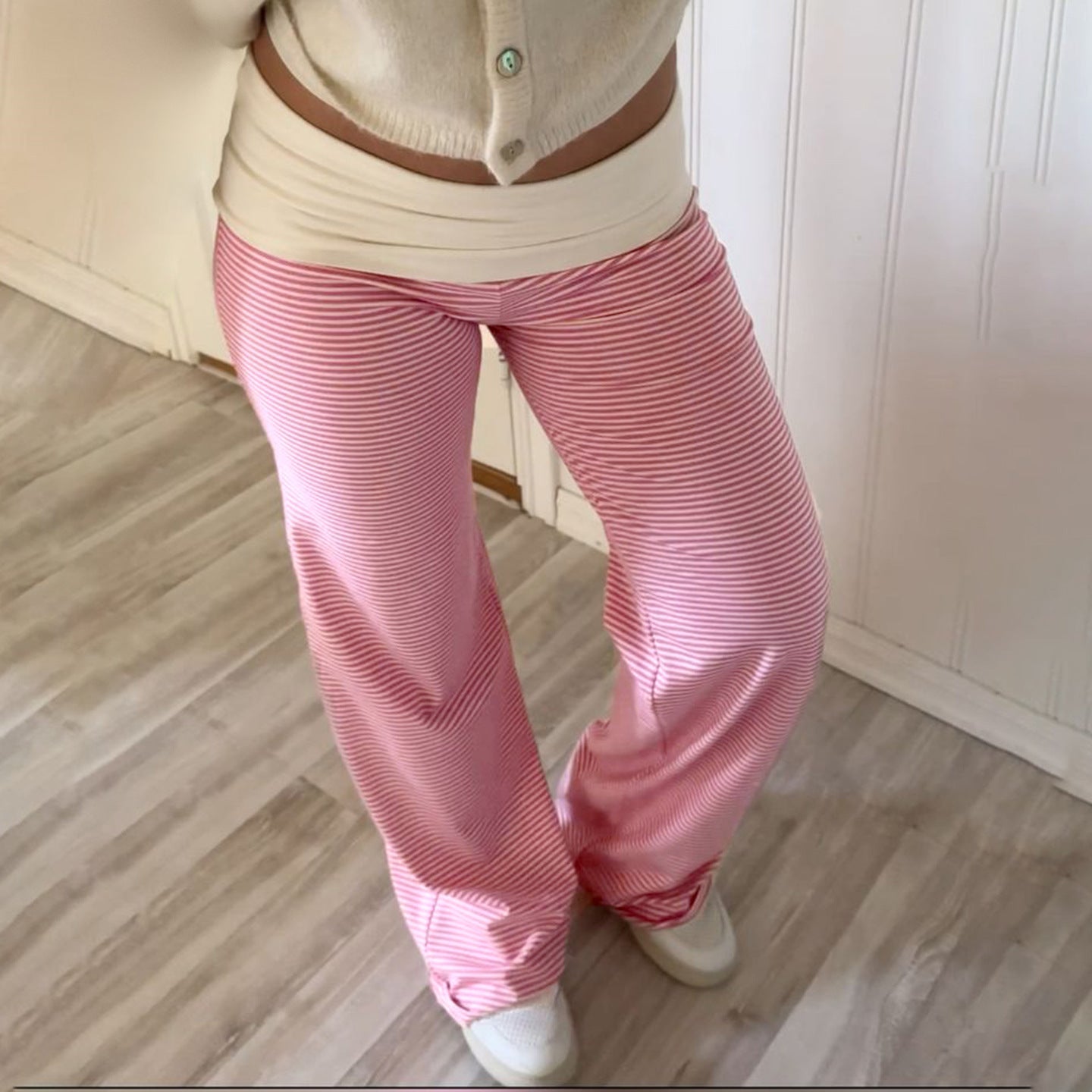 Women Clothing Casual Pajamas Trousers Turn Waist Contrast Color Stripes Knitted Trousers All Match Smooth Straight Leg Trousers