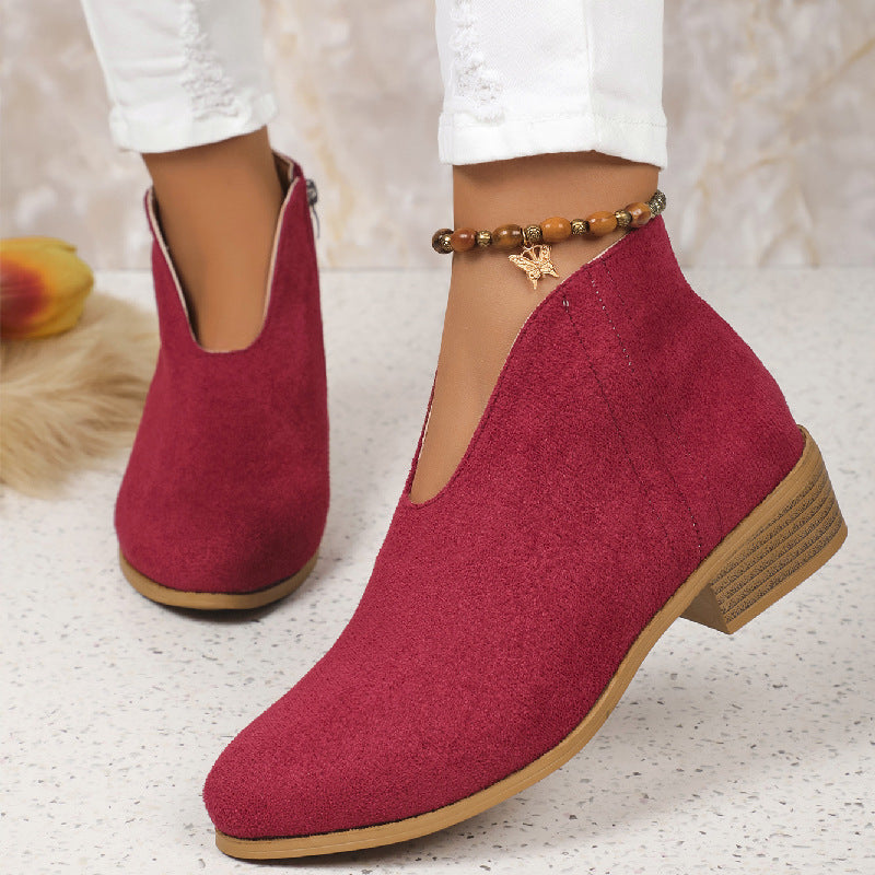 Autumn Winter Leopard Root Booties Side Zipper round Toe V Cut Suede Ankle Boots Women
