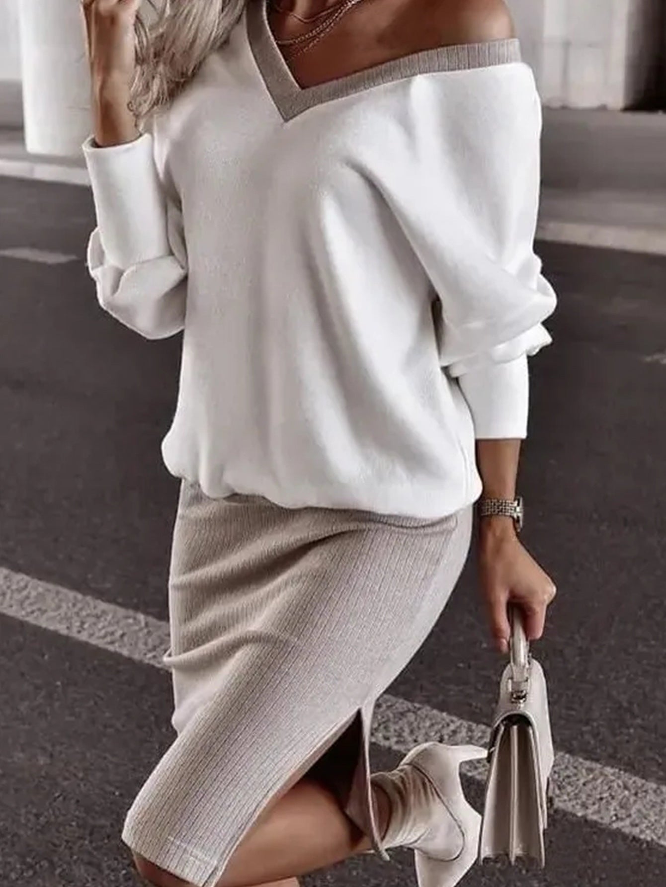 Women Wear Outing Casual Loose V neck Sweatshirt Tight Skirt Long Sleeved Top Two Piece Set