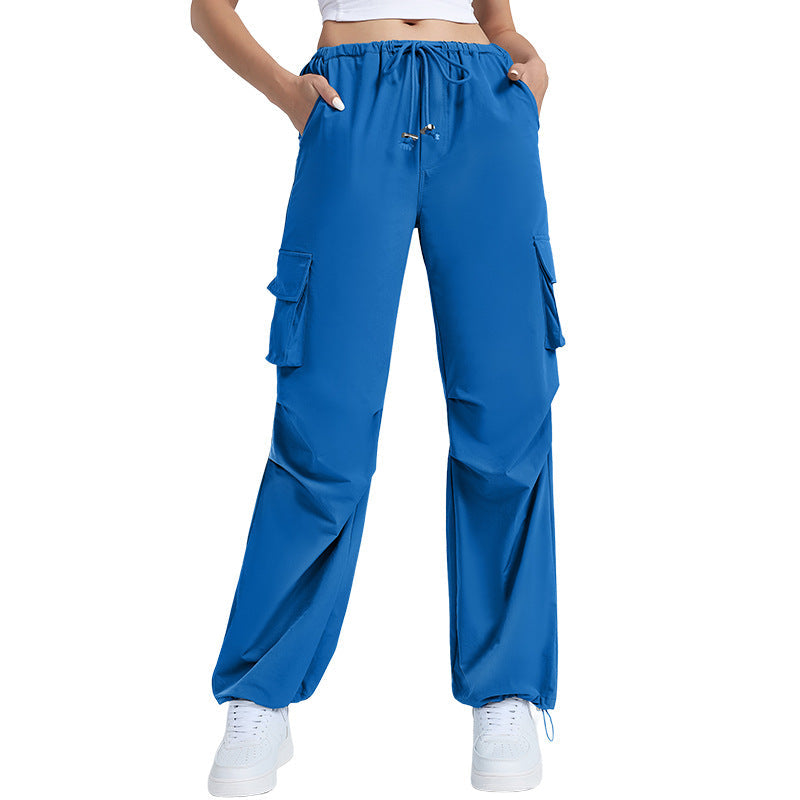 Retro Straight Wide Leg Pants Women Autumn Solid Color Multi Pocket Loose Baggy Trousers Casual Working Pants