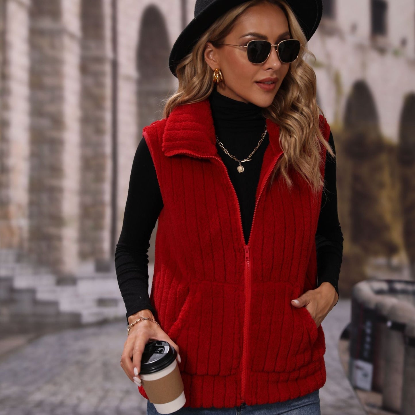 Fall Women Collared Sleeveless Loose Striped Zipper Plush Casual Jacket