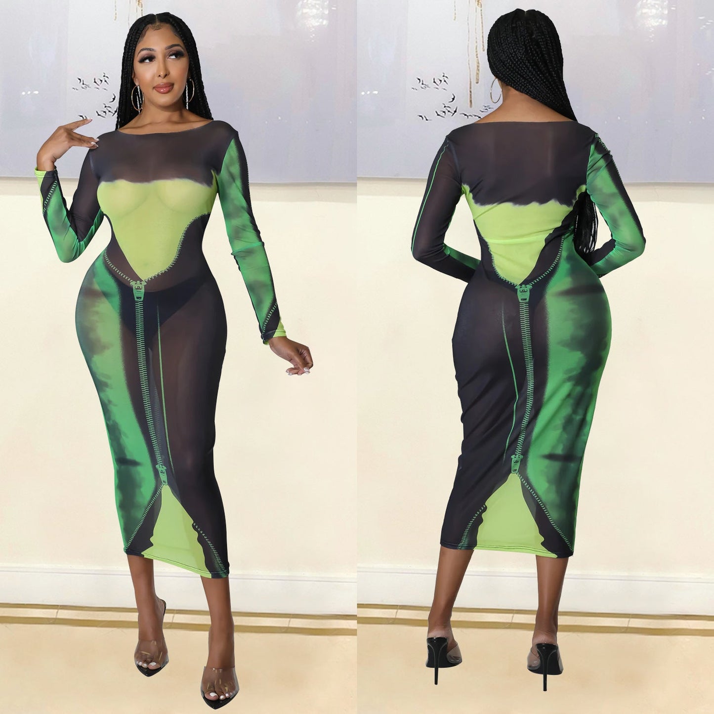 Summer Women Clothing Sexy Mesh Floral Print Long Sleeve Mid-Length Women Dress