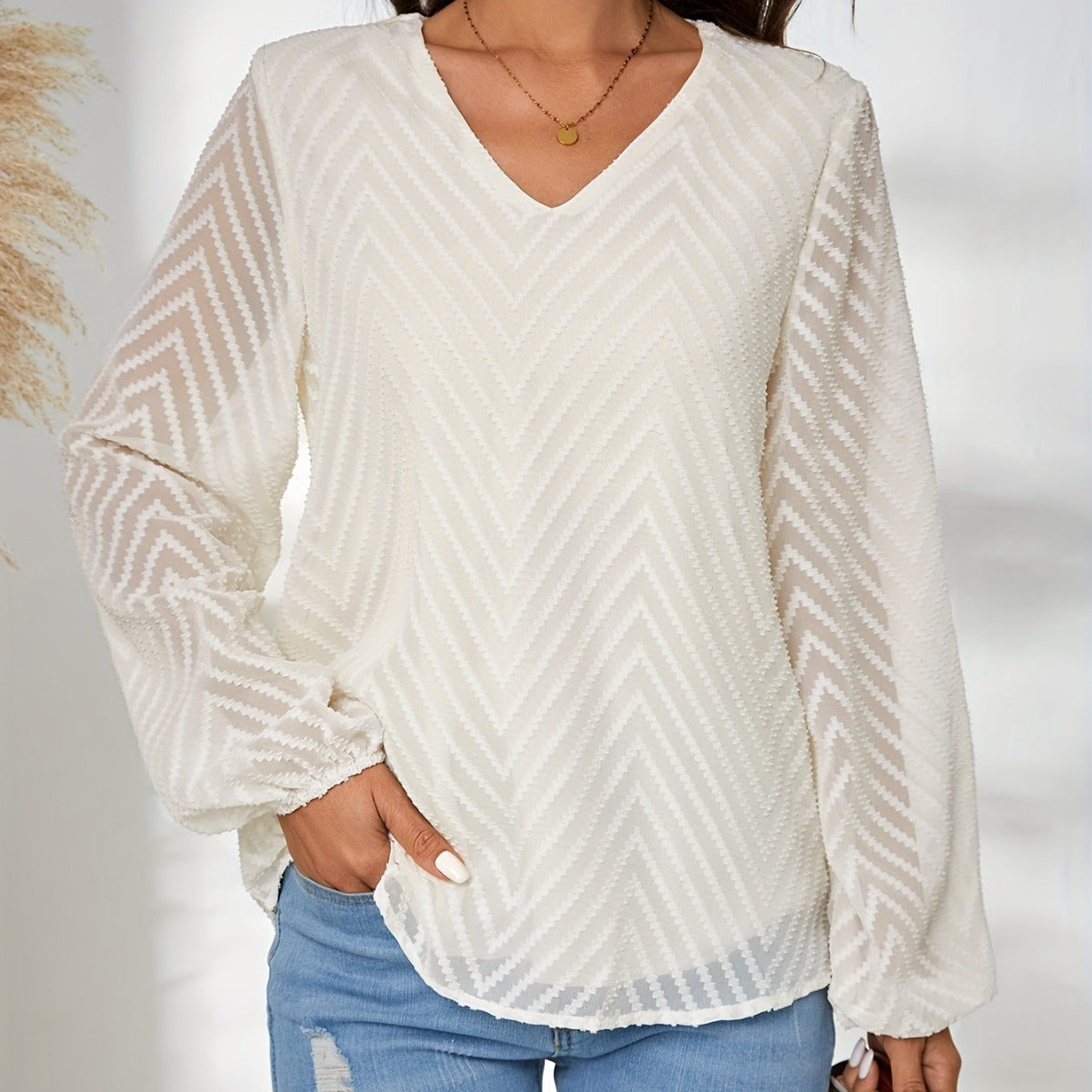 Spring Autumn Women Clothing Fall Winter V neck Geometric Abstract Jacquard Lantern Long Sleeve Shirt Top