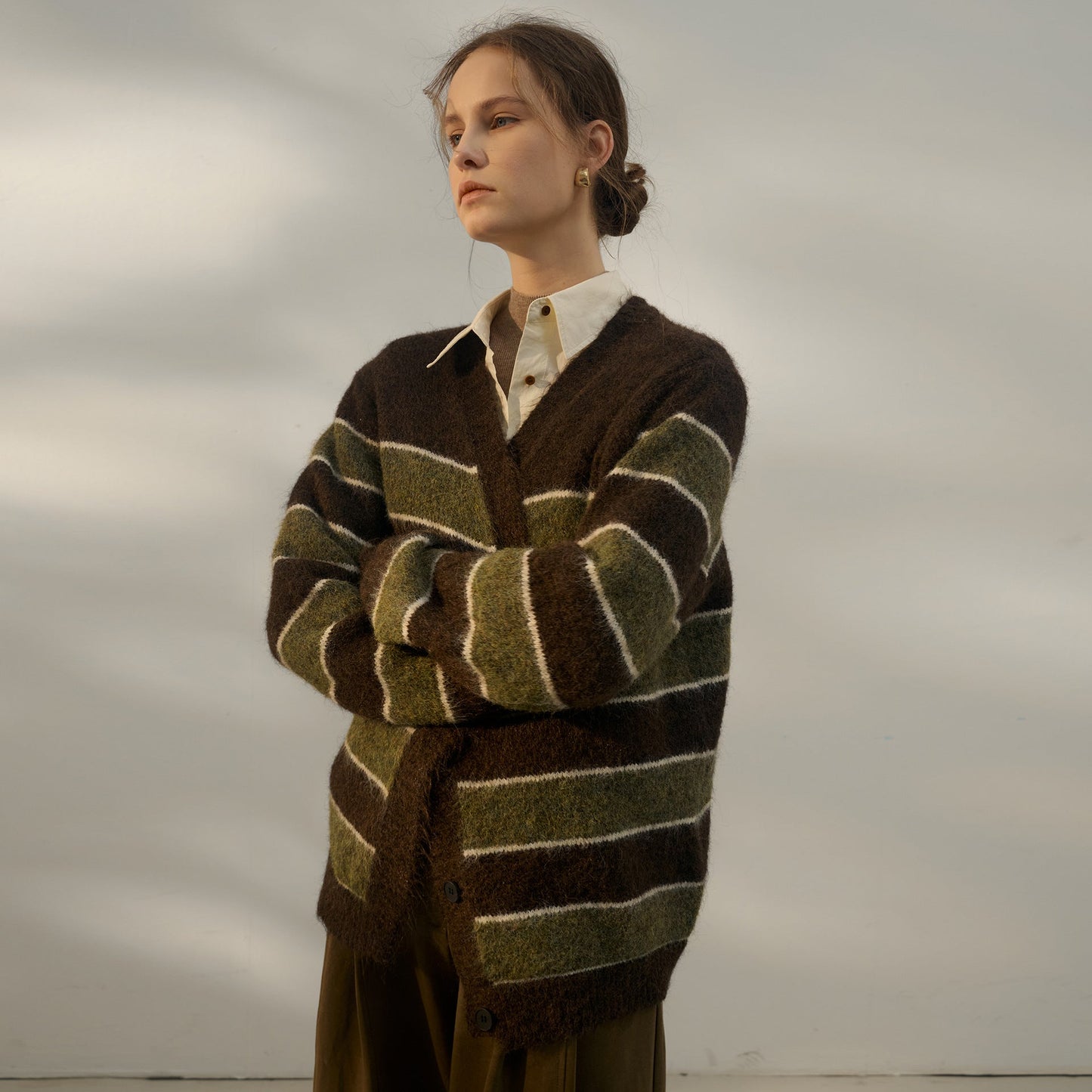 Autumn Winter Lazy Sweater Women Retro Gentle Casual Three Dimensional Striped Contrast Color V neck Long Sleeve Knitted Cardigan