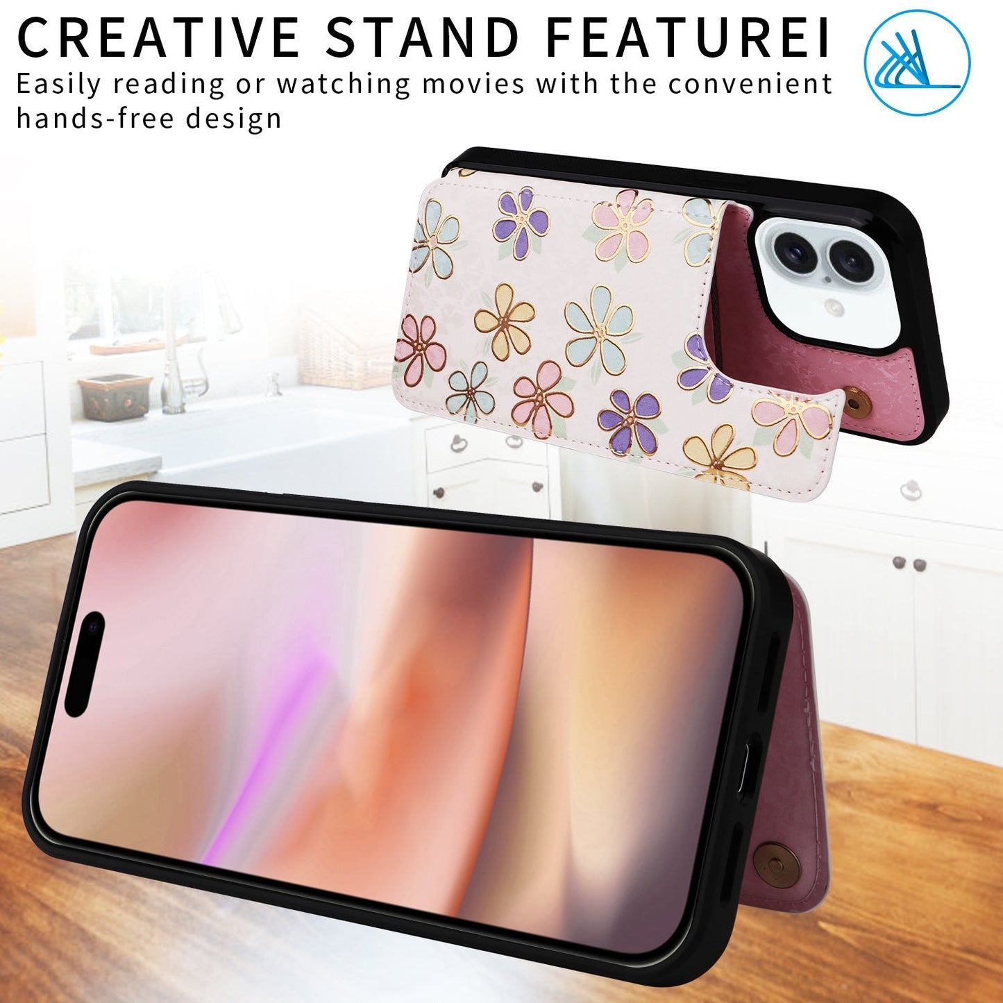 Phone Case Applicable to Apple 16 painted double buckle four-insert card wallet case 16pro max all-inclusive anti-drop case protective cover