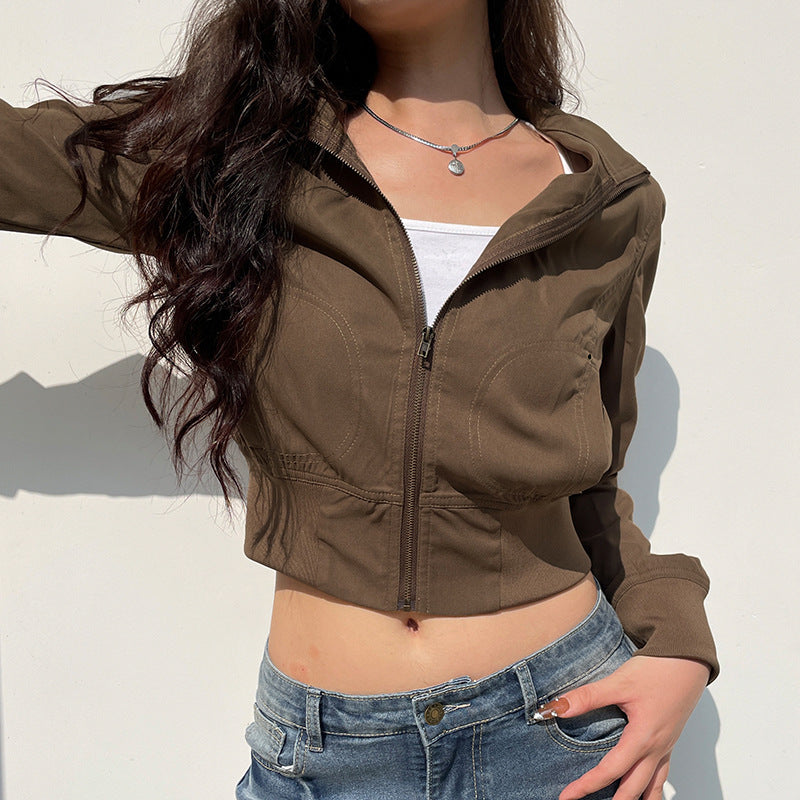 Early Autumn Workwear Waist Tight Jacket Vintage Brown Zipper Turtleneck Slimming Casual Fashionable Jacket