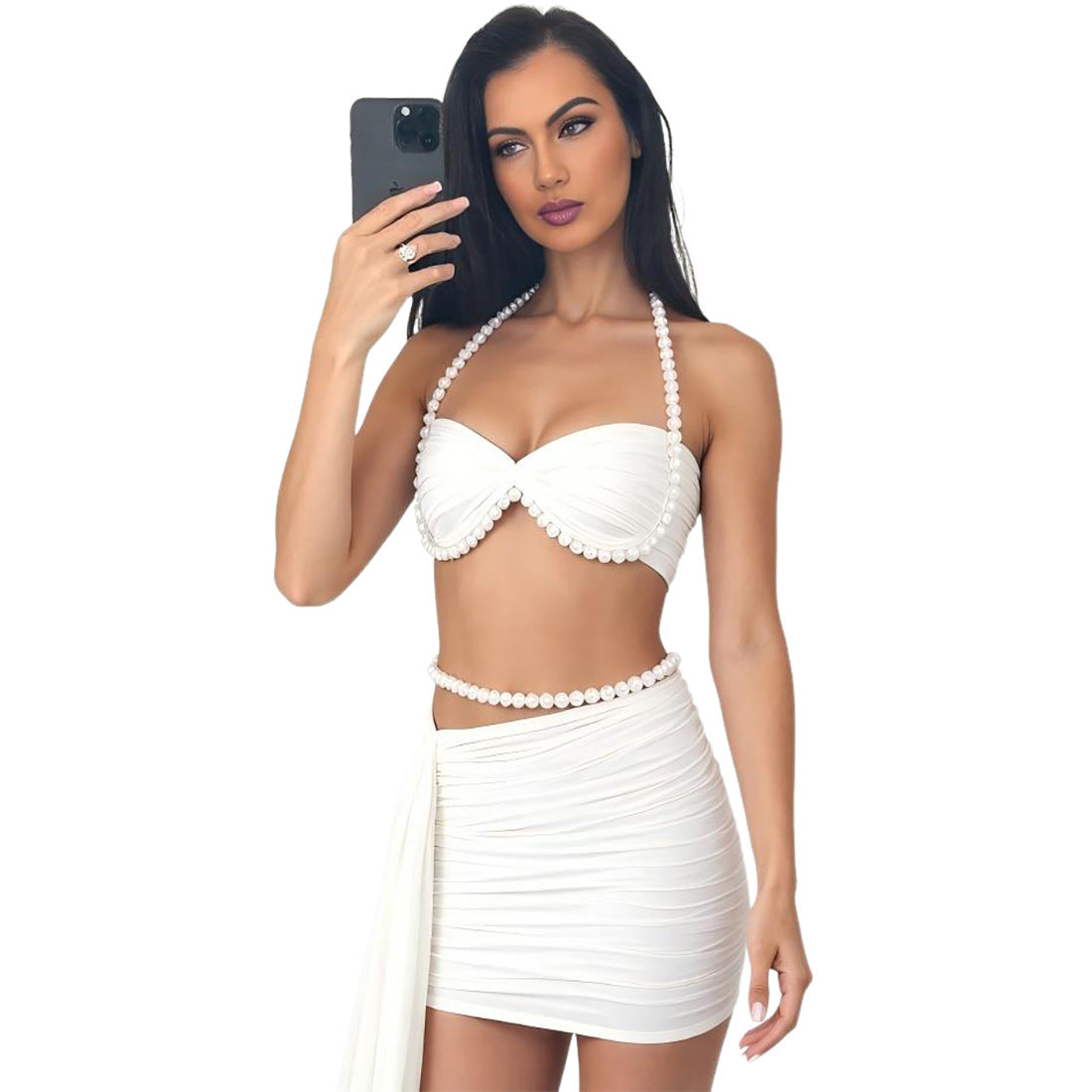 Women Clothing Autumn Sexy Solid Color Backless Small Sling Vest Hip Skirt Set