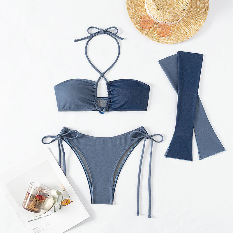 Solid Color Halter Bikini Three Piece Swimsuit Women Beach Vacation Seaside Swimsuit