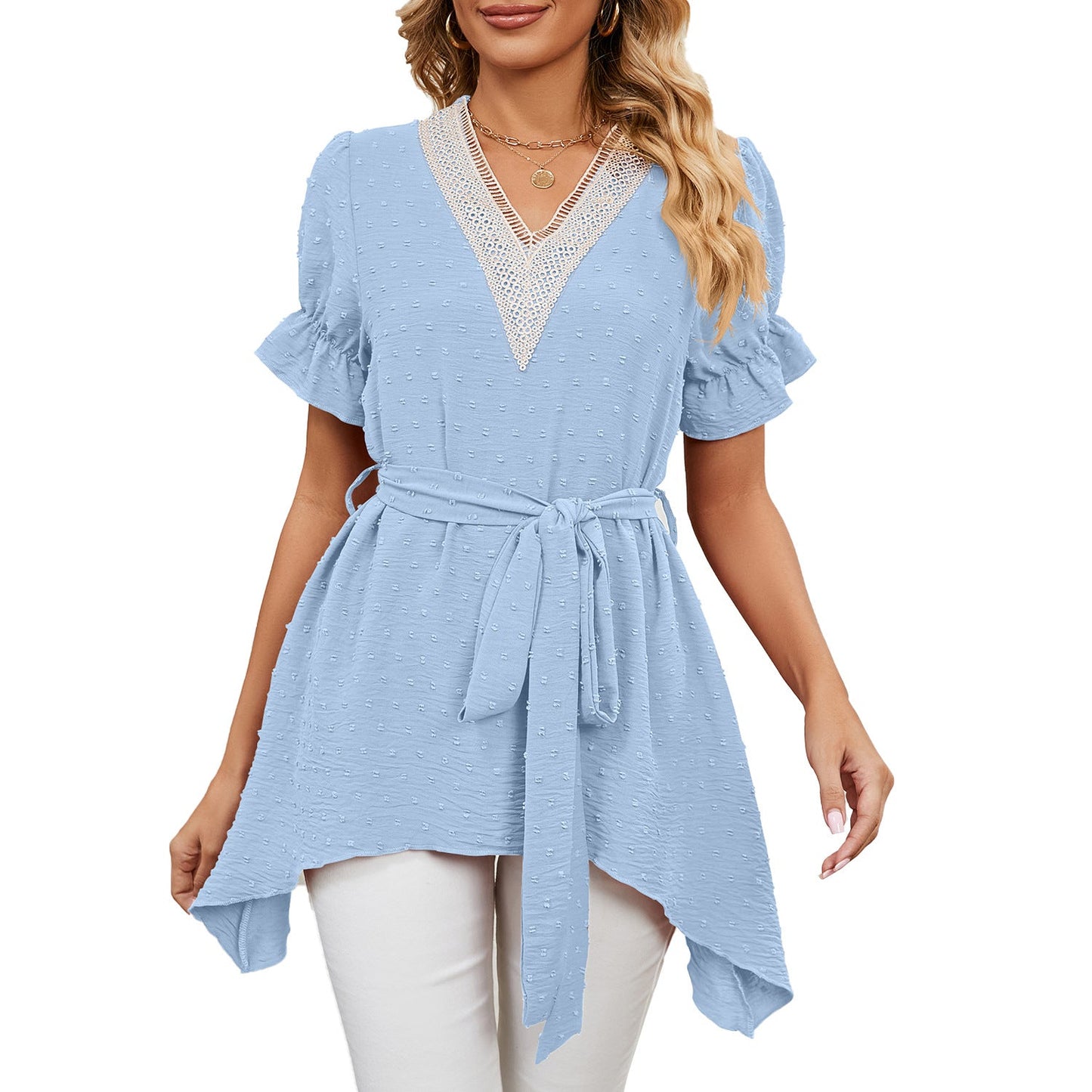 Spring Summer Solid Color Jacquard V Neck Loose Lace Up Chiffon Blouses Women