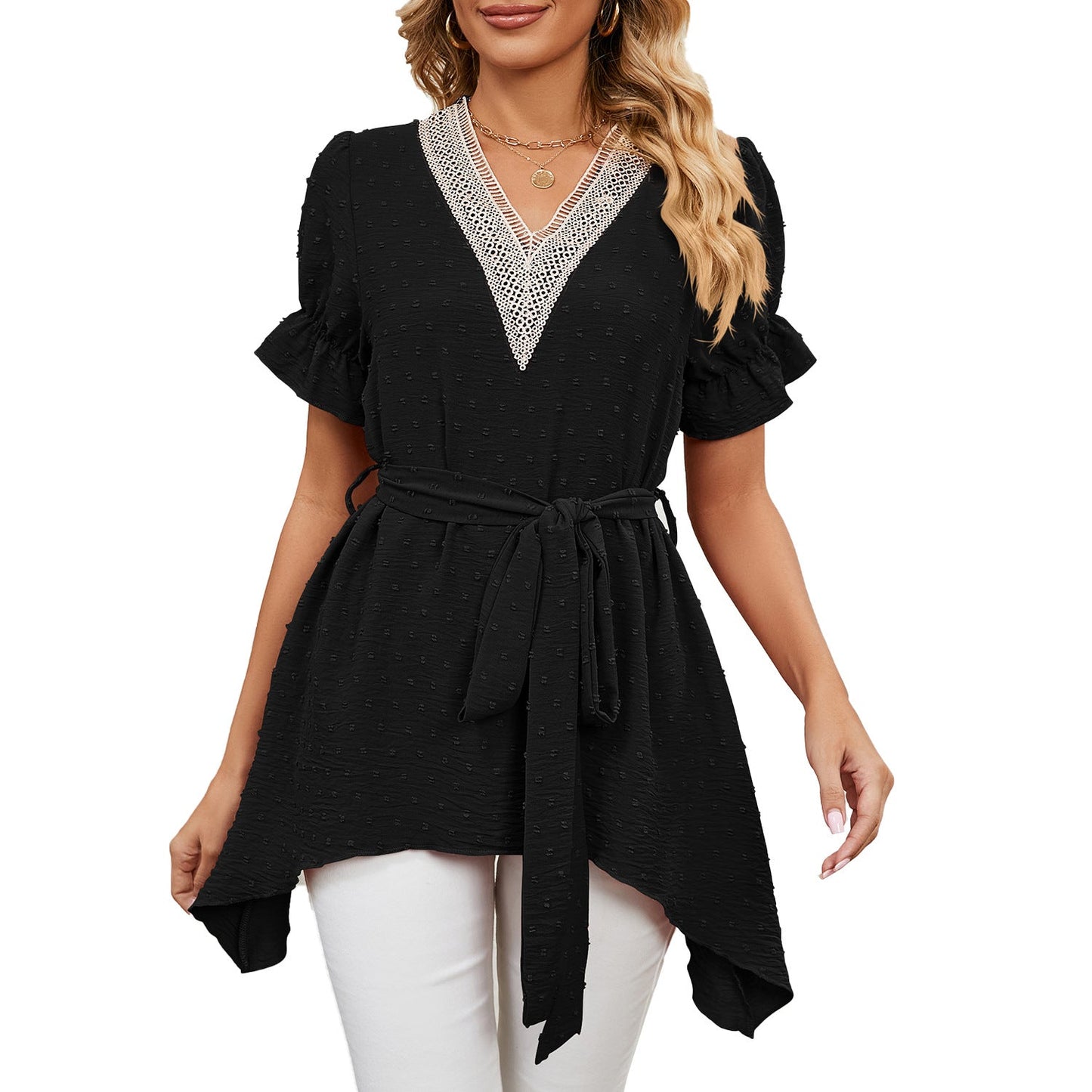 Spring Summer Solid Color Jacquard V Neck Loose Lace Up Chiffon Blouses Women