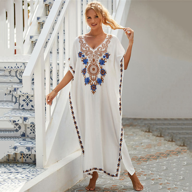 White Rayon Embroidered Beach Cover Up Robe Vacation Skirt Embroidered Dress Beach Cover Up