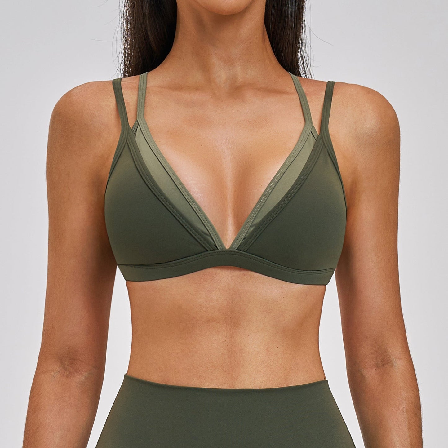 Nude Feel Beauty Back Yoga Bra Faux Two Piece Contrast Color Outdoor Casual Sports Workout Underwear Women