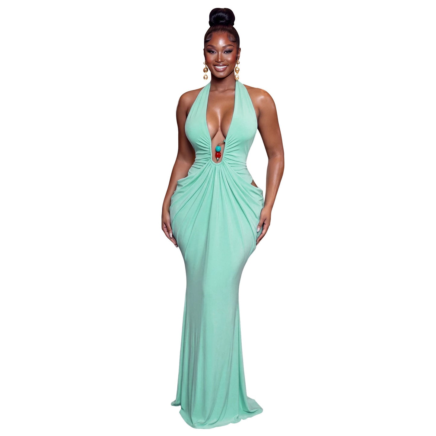 Women Clothing Elegant Halter V neck Sexy Backless Lace up Pleated Maxi Dress