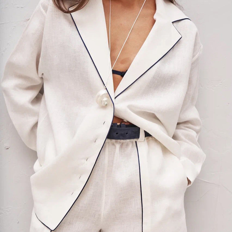 Women Clothing Shirt Casual Simple Polo Collar Long Sleeve Cardigan Top Shorts Two Piece Set