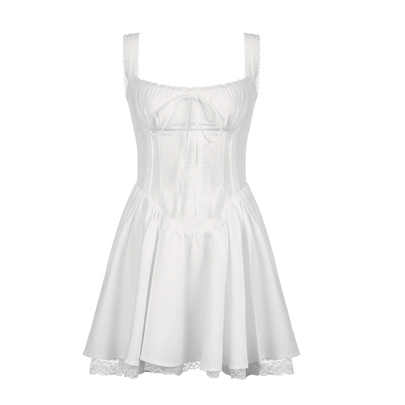 Sweet Spicy Women Tube Top Cami Dress Lace Stitching Ballet Waist Shaping Bra A line Dress