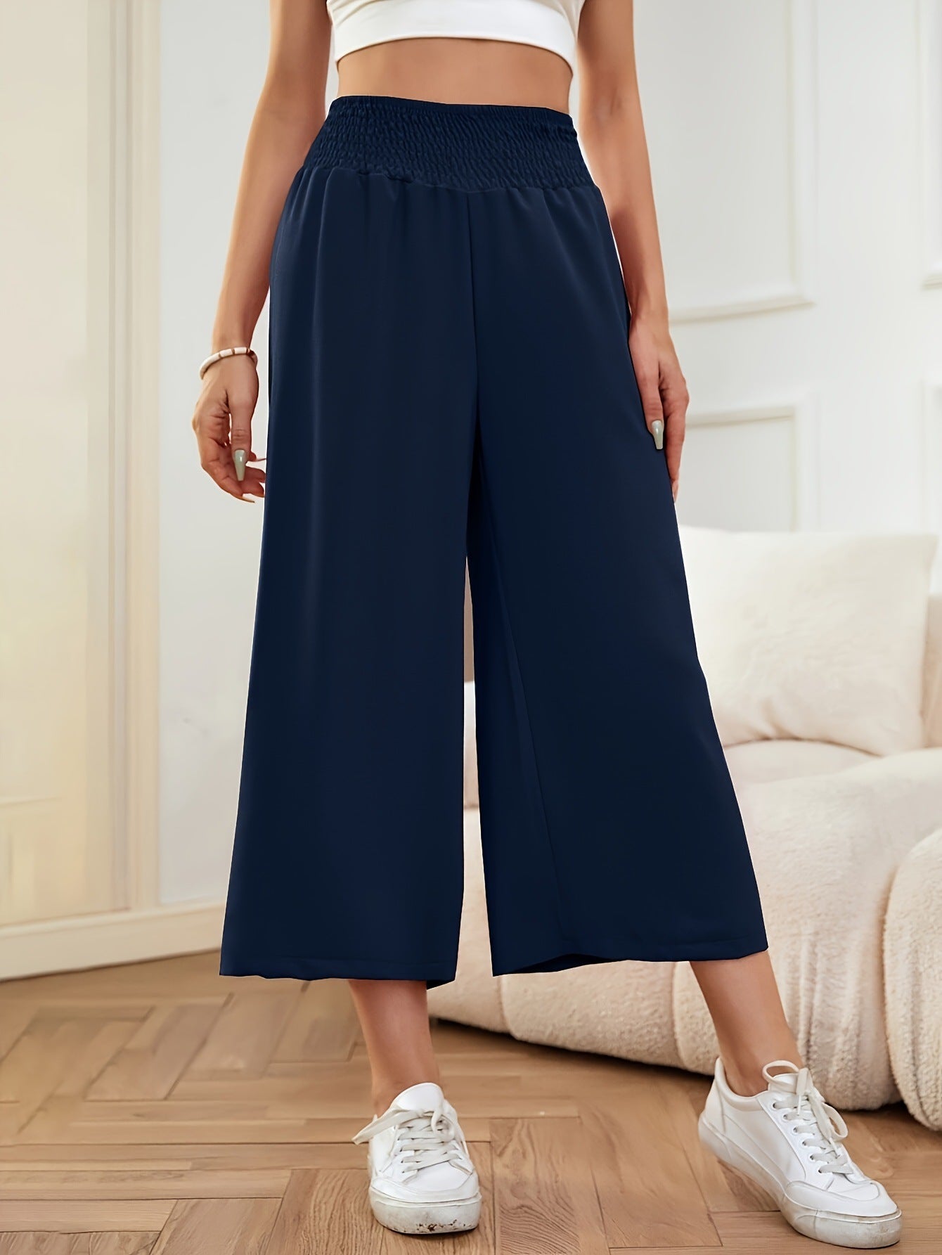 Spring Autumn High Waist Smocking Solid Color Casual Loose Wide Leg Cropped Pants Women