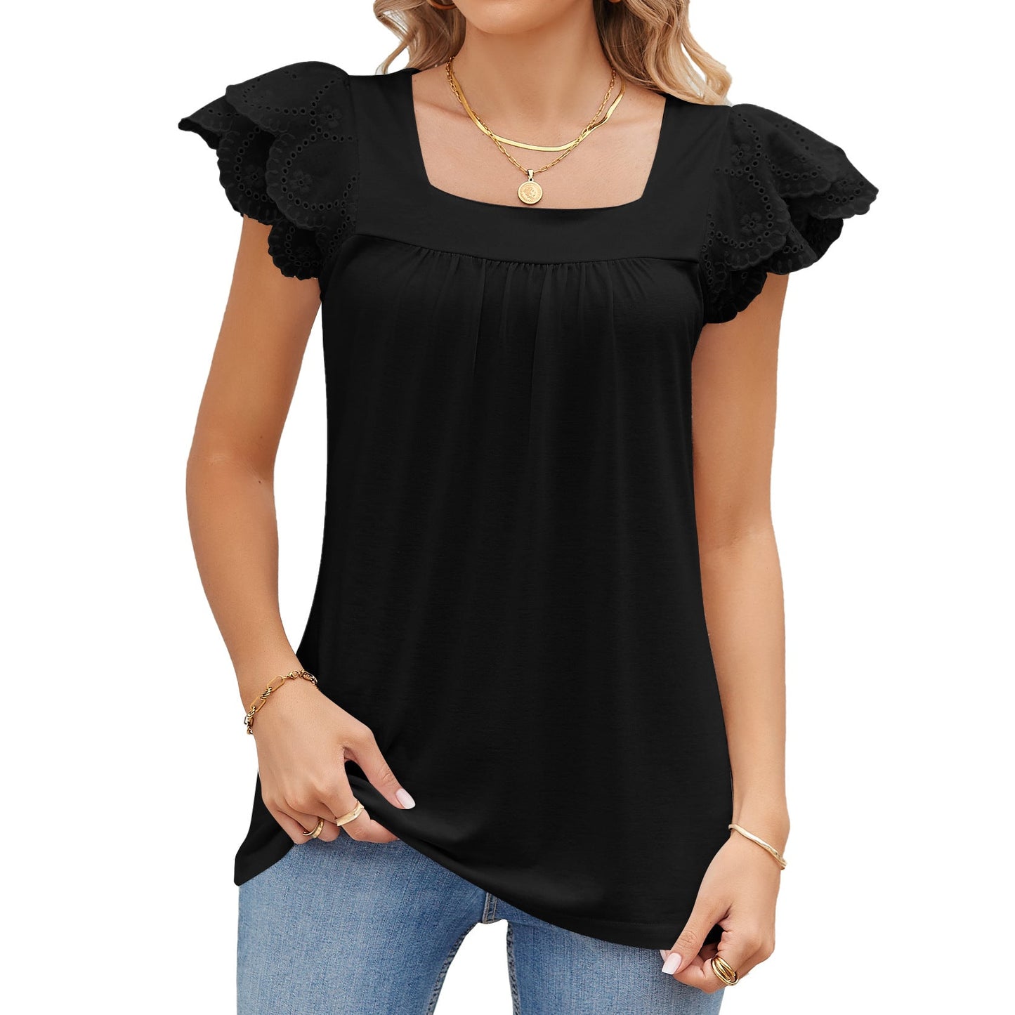 Summer Solid Color Lace Stitching Square Collar Petals Short Sleeve T Shirt Top Women
