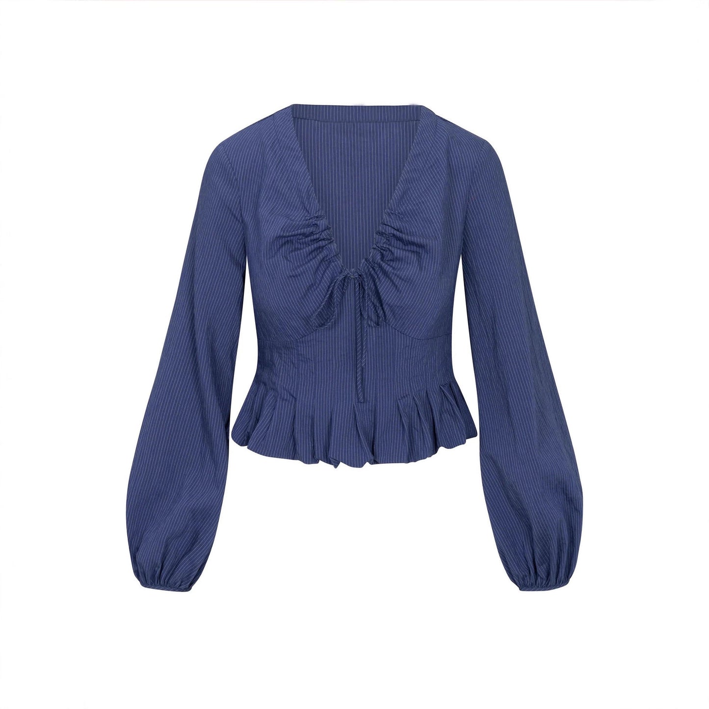 Autumn Gentle V neck Drawstring Ruffled Stitching Shirt Long Sleeve Top