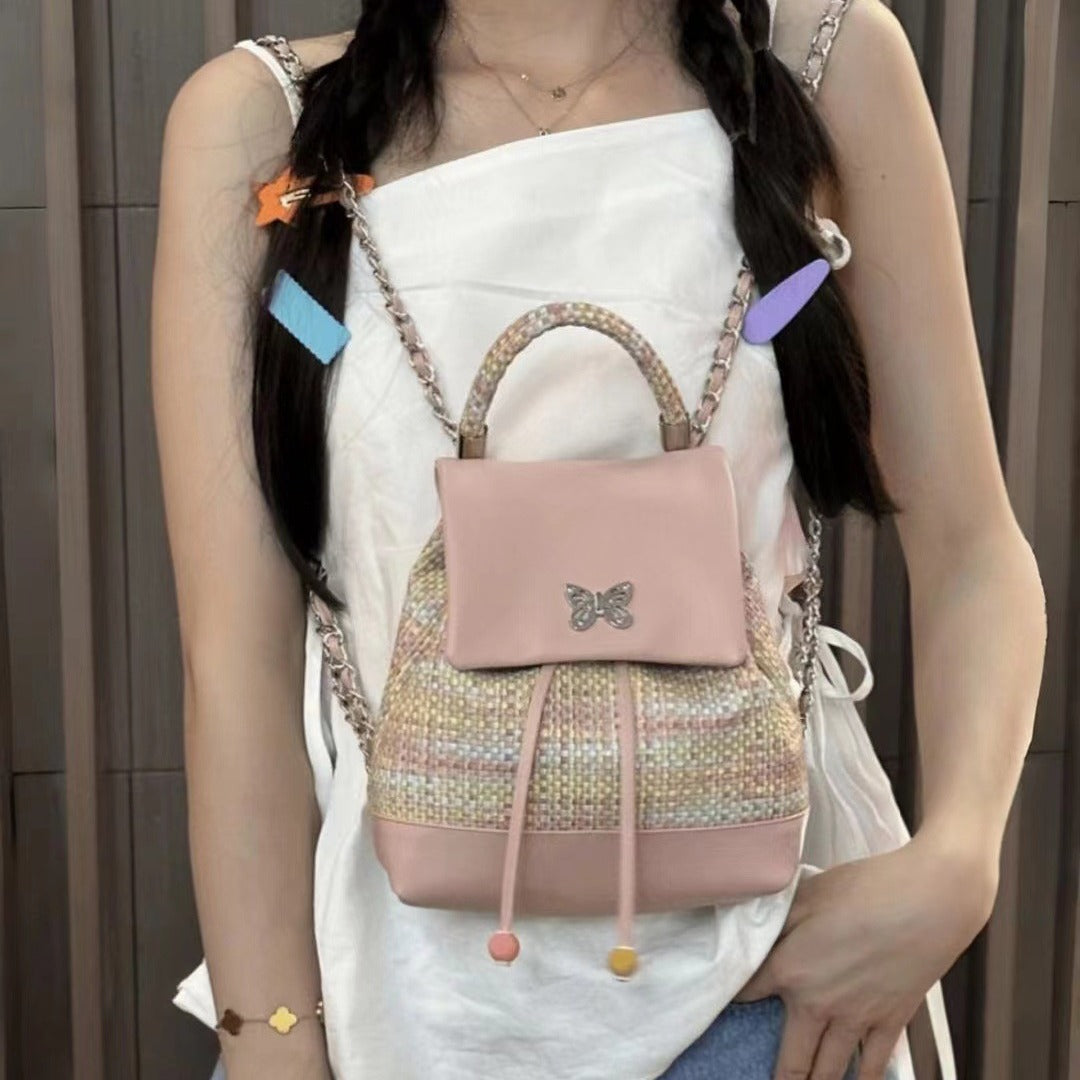 Sweet girl design woven leather small backpack purse, chain backpack, dopamine sweet cool versatile small backpack for women