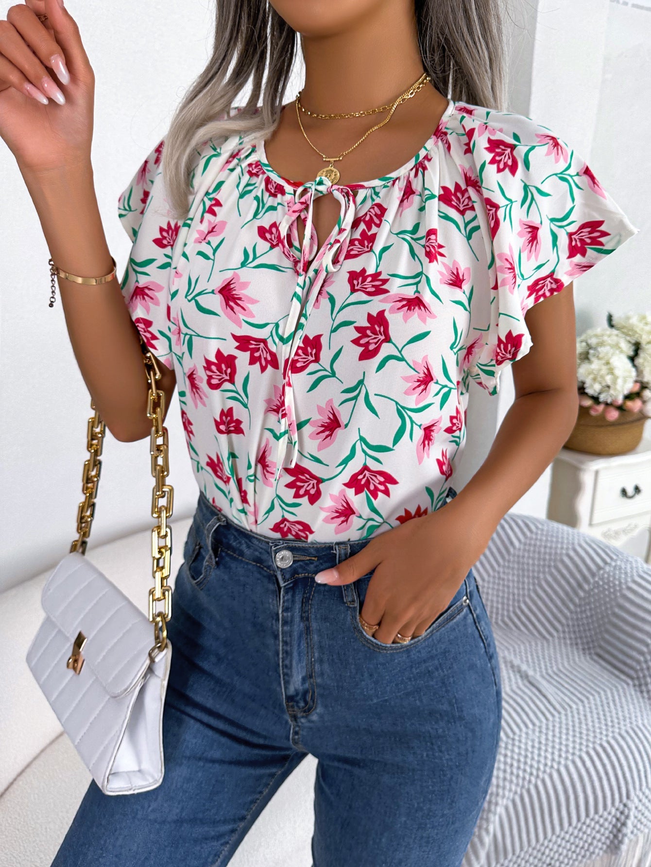 Spring Summer Casual Loose Lotus Leaf Self Tie Chiffon Shirt Top Women Clothing