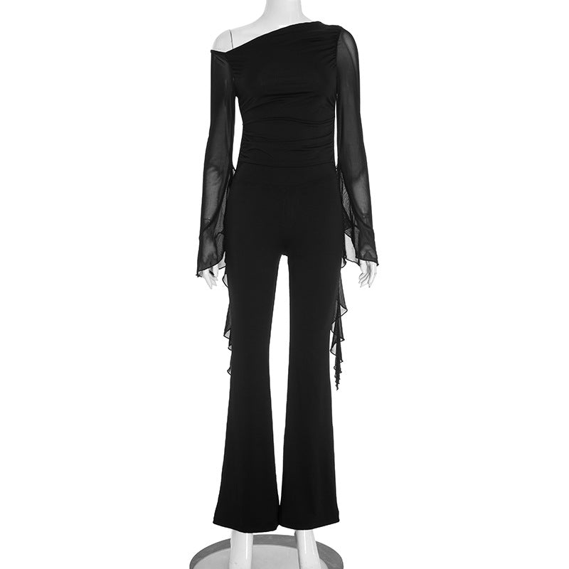 Women Clothing Autumn Arrival Solid Color Slim Fit Backless Strap Streamer Long Sleeve Long Conjoined Trousers