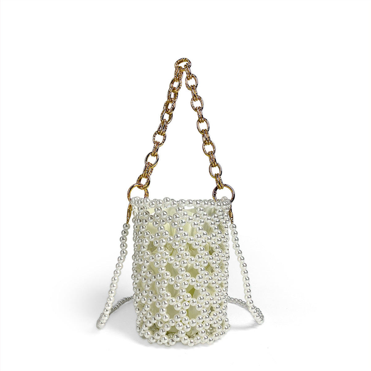 Chinese Beaded Hand Woven Pearl Cocktail Vegetable Basket Hollow Out Cutout Bucket Chain Underarm Messenger Bag