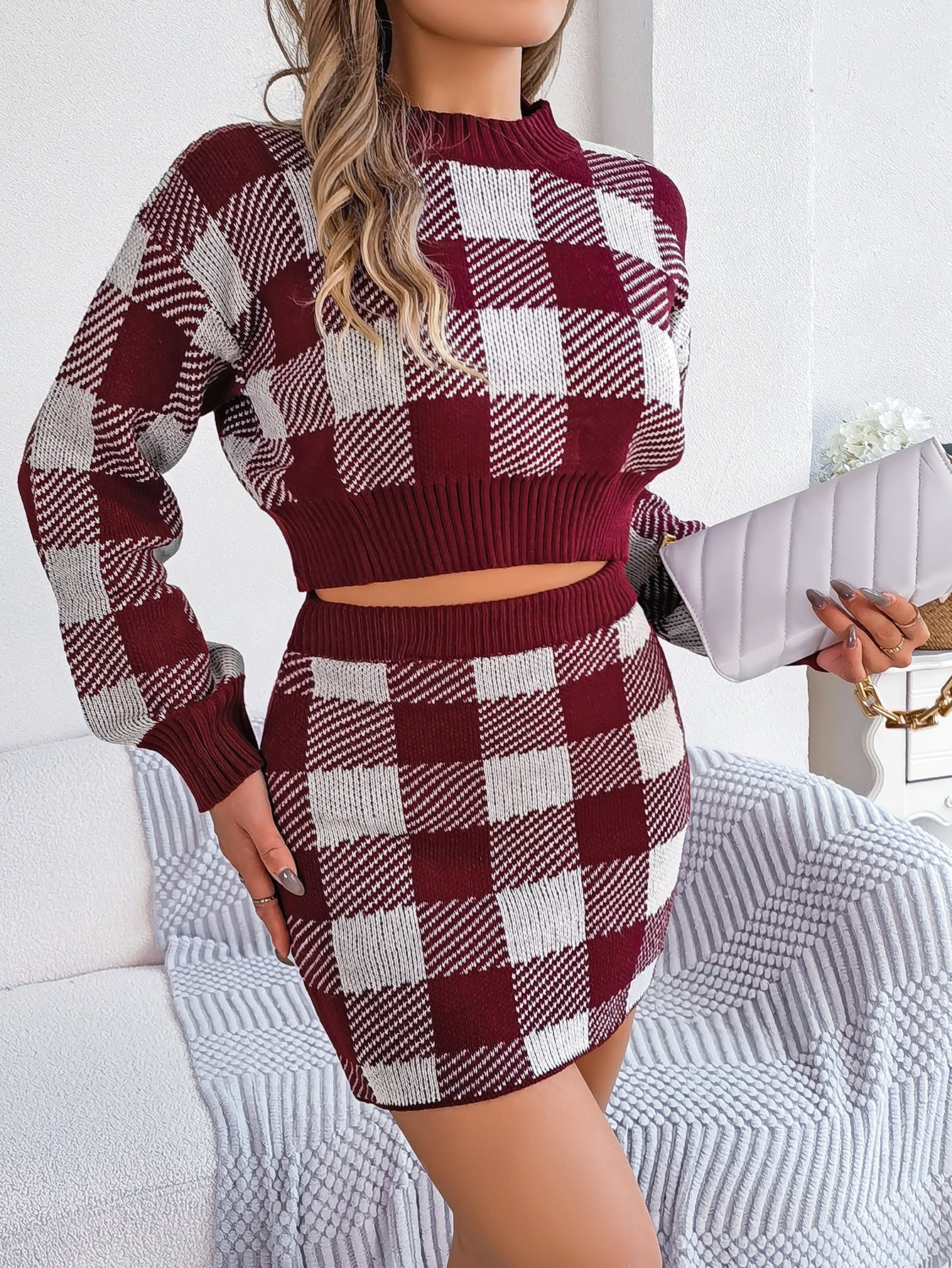 Autumn Winter Casual Color Contrast Check Long Sleeves Cropped Sweater Sheath Skirt Set Women Clothing